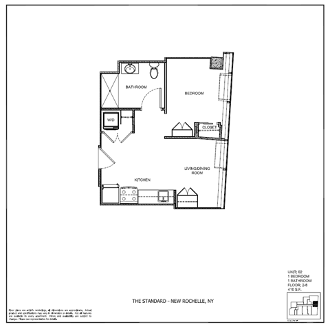 Floor plan for 1 bed, 1 bath, 410 sqft